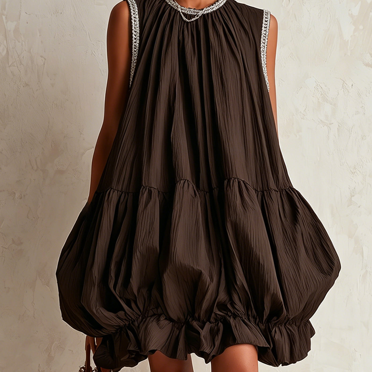 Brown sleeveless mini dress with a bubble hem