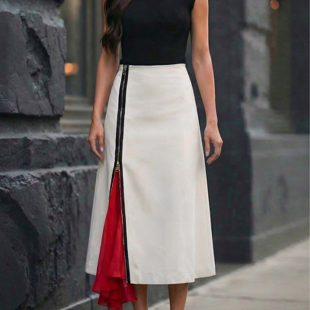Semi-High-Neck Top and Asymmetrical Zip-Paneled Skirt Set