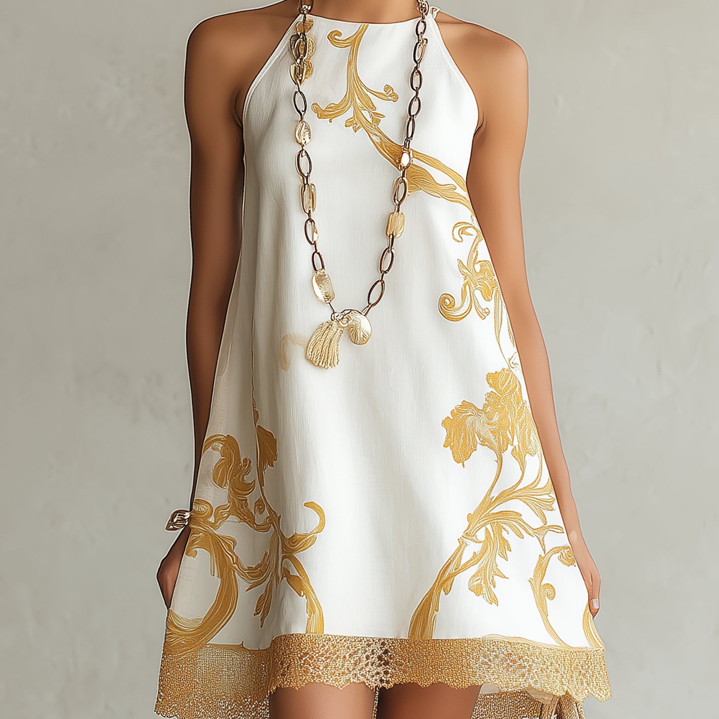 White Gold Printed Lace Trim Mini Dress
