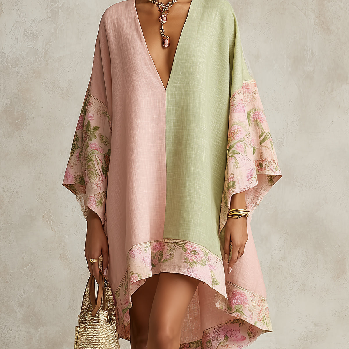 Green and Pink Color-Block Floral-Trim Midi Dress