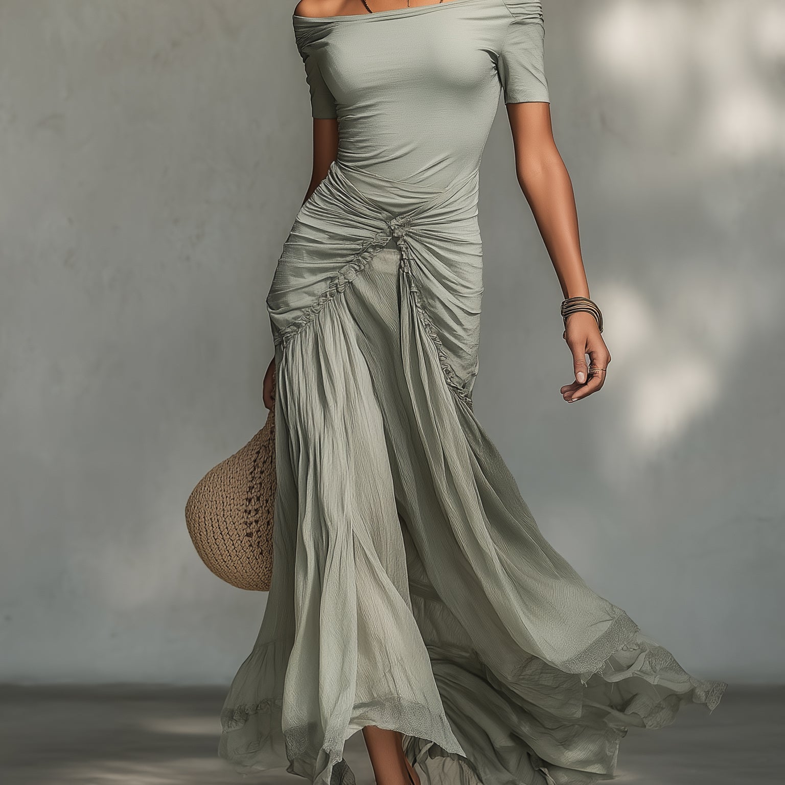 Grey Stretch Fabric And Chiffon Maxi Dress