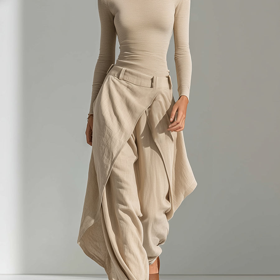 Beige Boat Neck Top and layered wide-leg trouser set