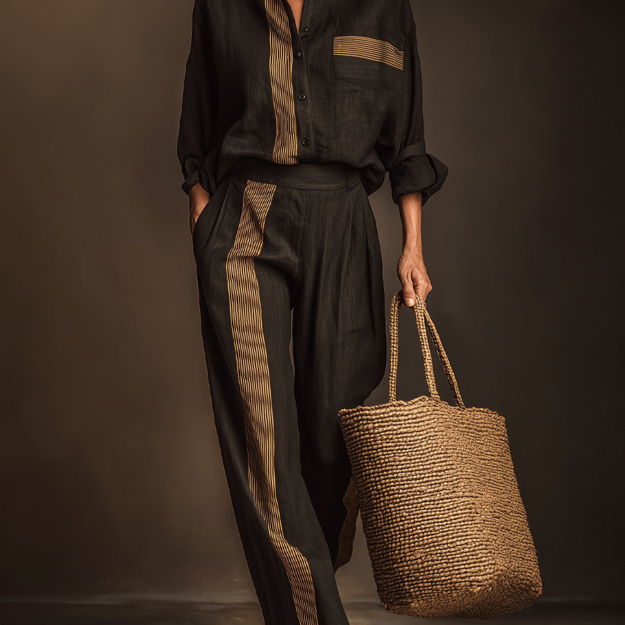 Retro Casual Color-Block Striped Two-Piece Set