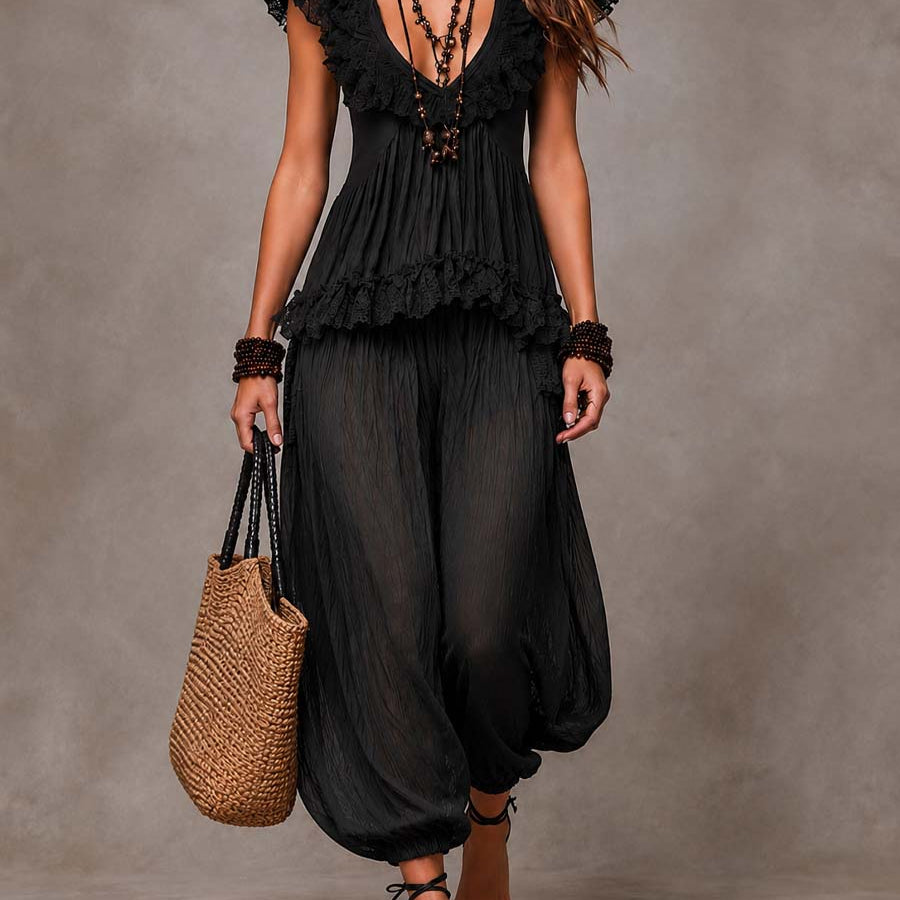 Black Bohemian V-Neck Lace Top and Harem Pants Set