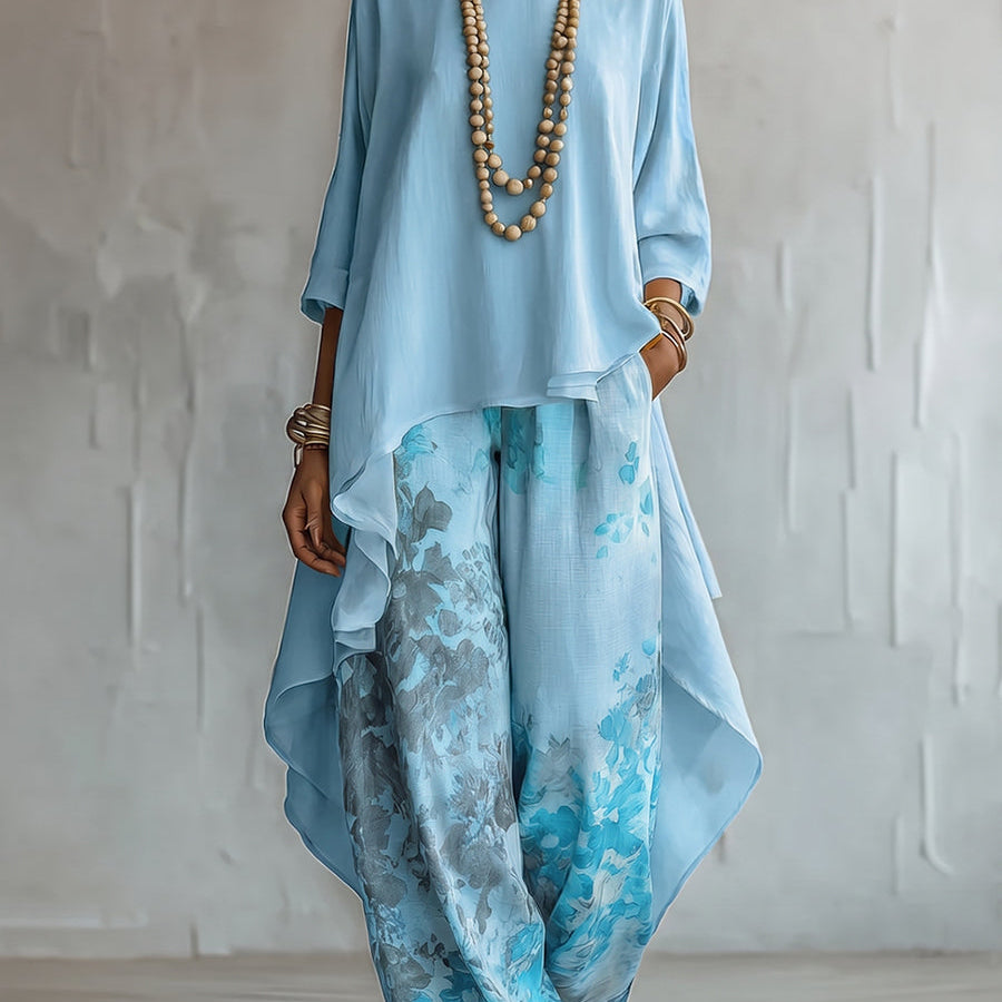 Blue Asymmetrical Top and Floral Wide-Leg Pants Set
