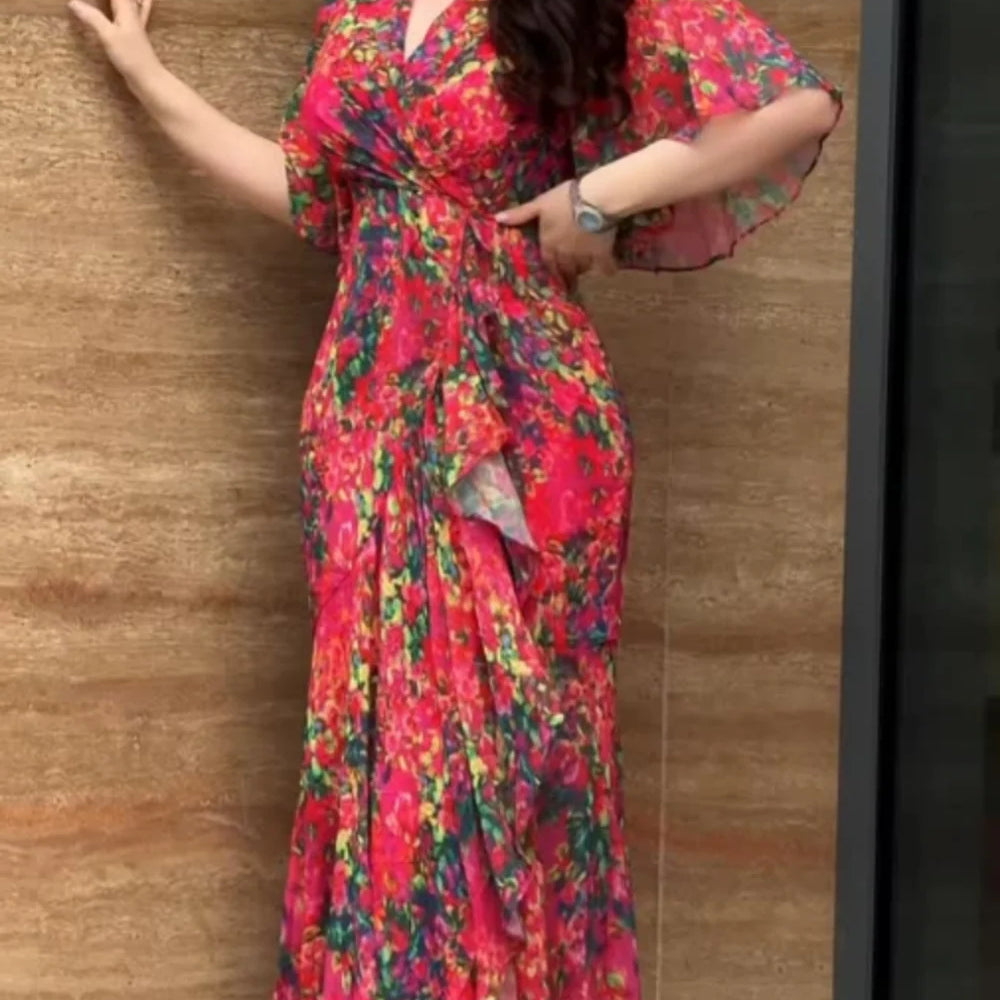 Retro V-neck trumpet sleeve printed dress