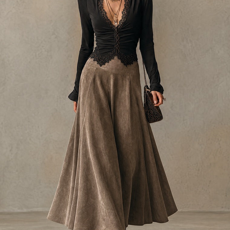 Black lace-trimmed top and faux-suede flared maxi skirt set