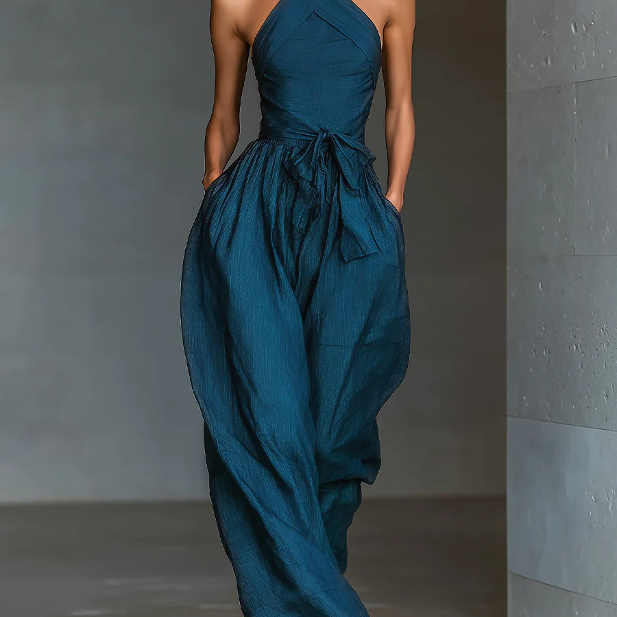 Navy Cross Halter Wide-Leg Jumpsuit With Side Pockets