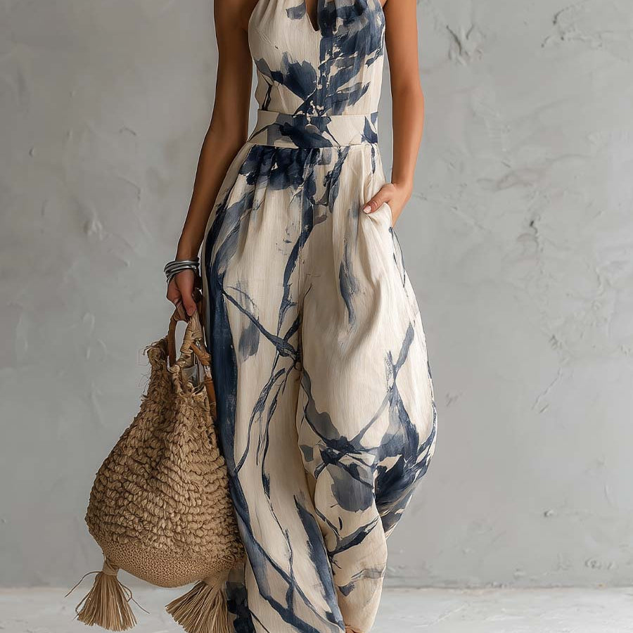 Halter Neck Ink Wash Print Wide Leg Jumpsuit With Pockets