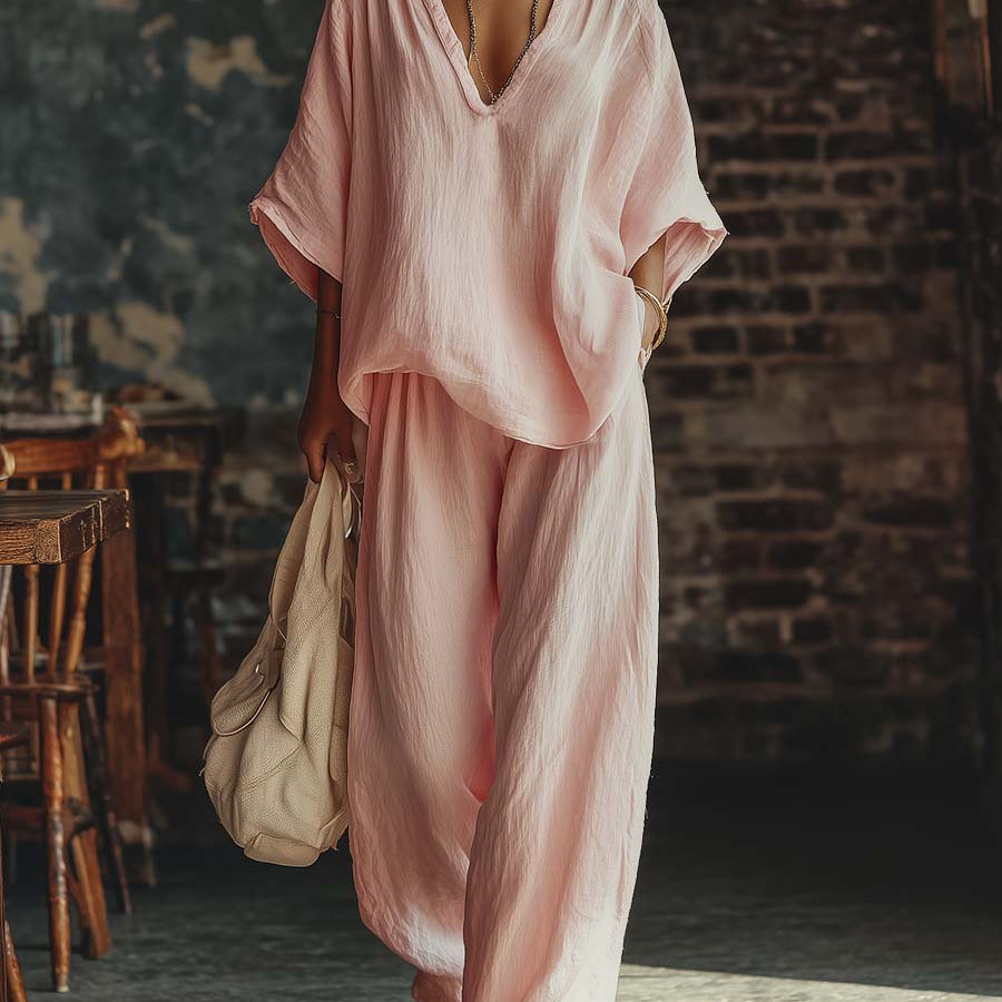 Casual Pink V-Neck Shirt and Trousers Set