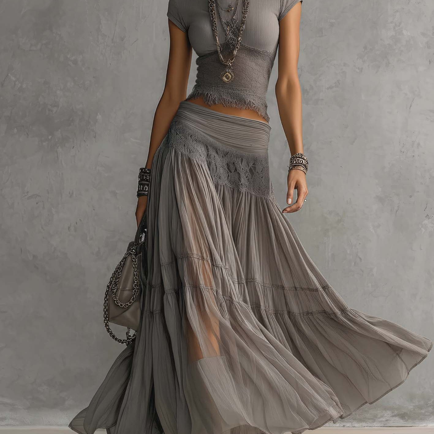Grey Lace-Paneled Top and Pleated Maxi Skirt Set