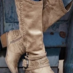 Vintage high-top leather buckle-decorated knight boots