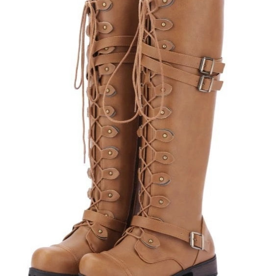 Round toe belt buckle rivet lace-up high-top riding boots