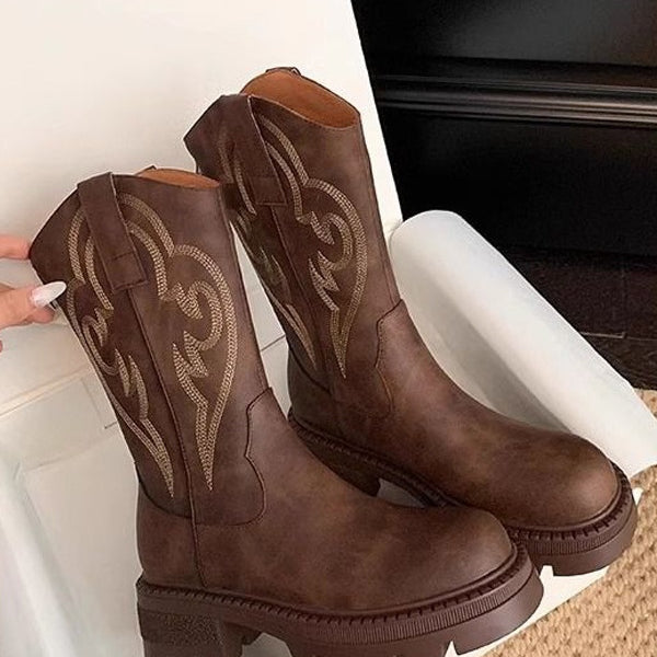 Retro soft leather thick-soled versatile mid-calf boots star_border