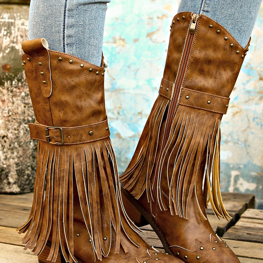 Retro tassel rivet belt knight boots