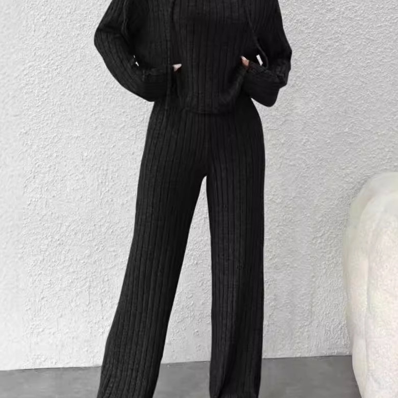 Loose hooded knitted striped long-sleeved set