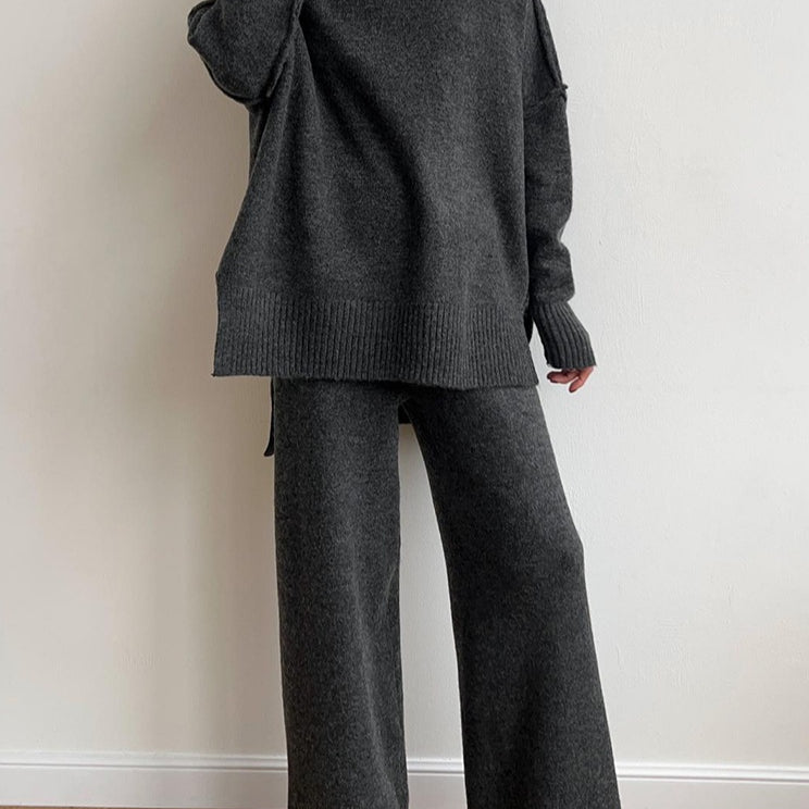 High-neck casual loose thick knit sweater set