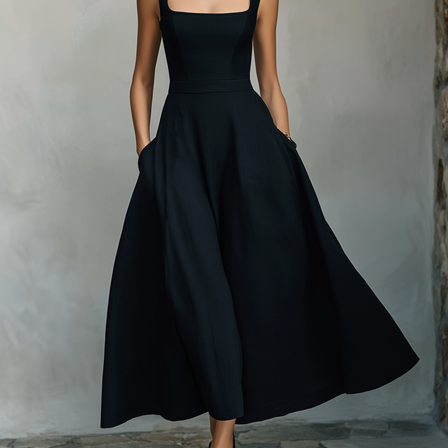 Women’s Square Neck Sleeveless Black A‑Line Maxi Dress With Pockets