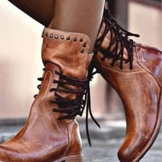 Retro British style rivet lace-up mid-calf boots