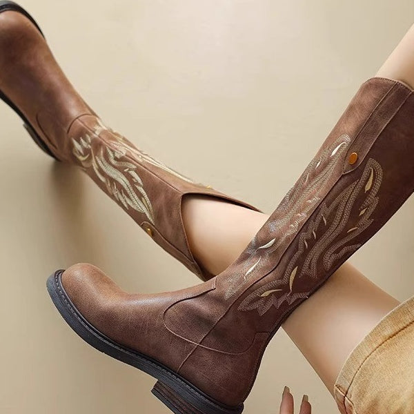 Brown embroidered back zipper long boots