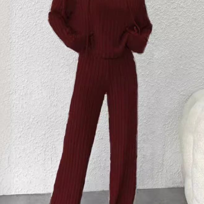 Loose hooded knitted striped long-sleeved set