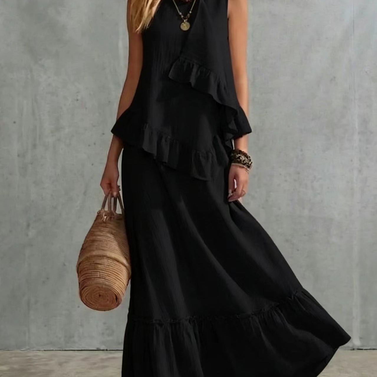 Women's Solid-Color Asymmetrical Sleeveless Maxi Dress