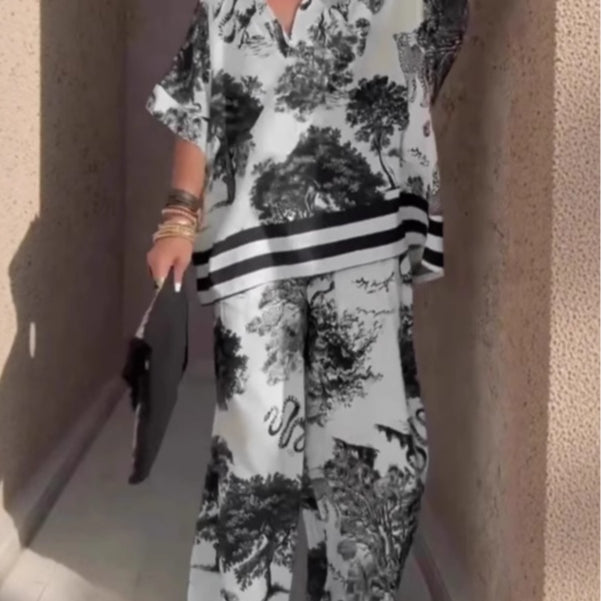 Casual V-neck printed short-sleeved top and wide-leg pants set