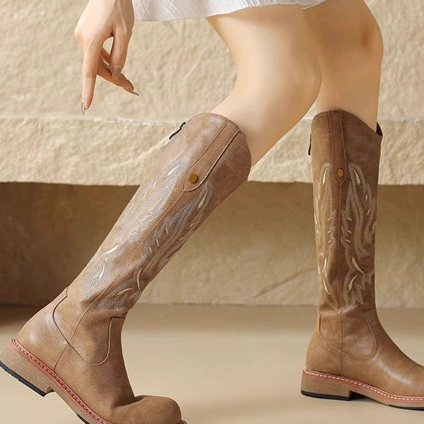 Brown embroidered back zipper long boots