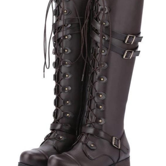 Round toe belt buckle rivet lace-up high-top riding boots