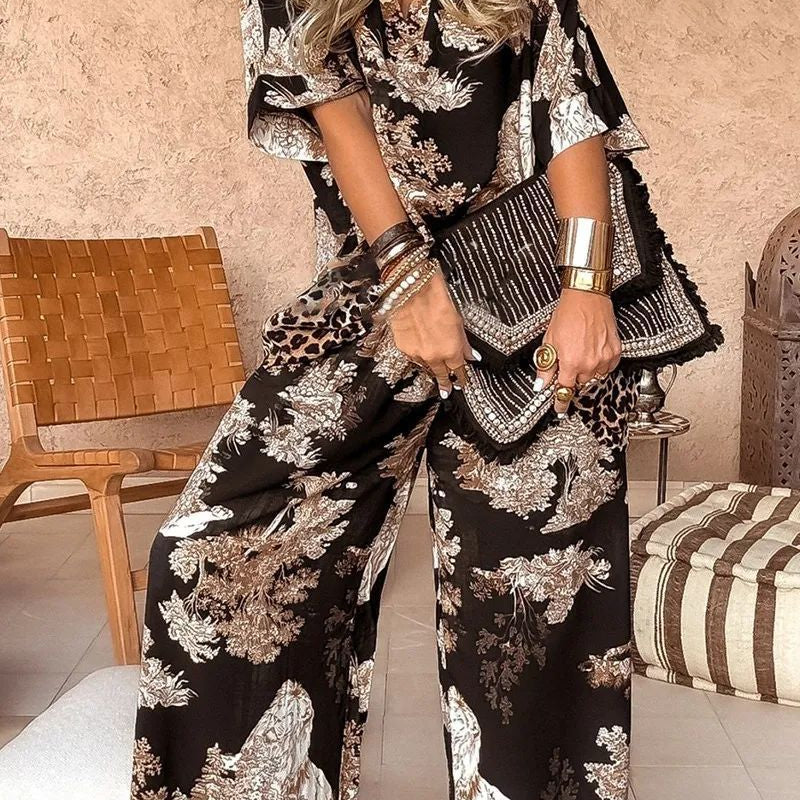 Casual V-neck printed short-sleeved top and wide-leg pants set