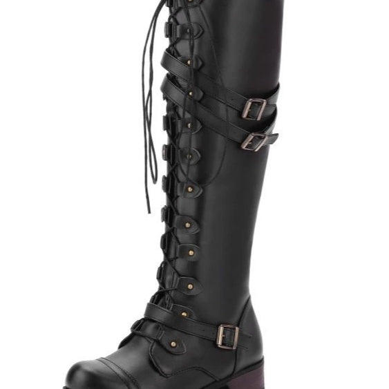 Round toe belt buckle rivet lace-up high-top riding boots