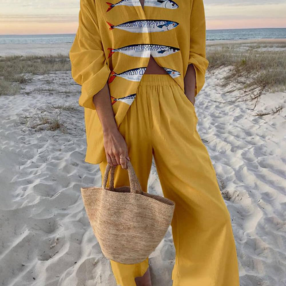 Ocean Print Oversized Shirt and Elastic Waist Pocket Pants Set
