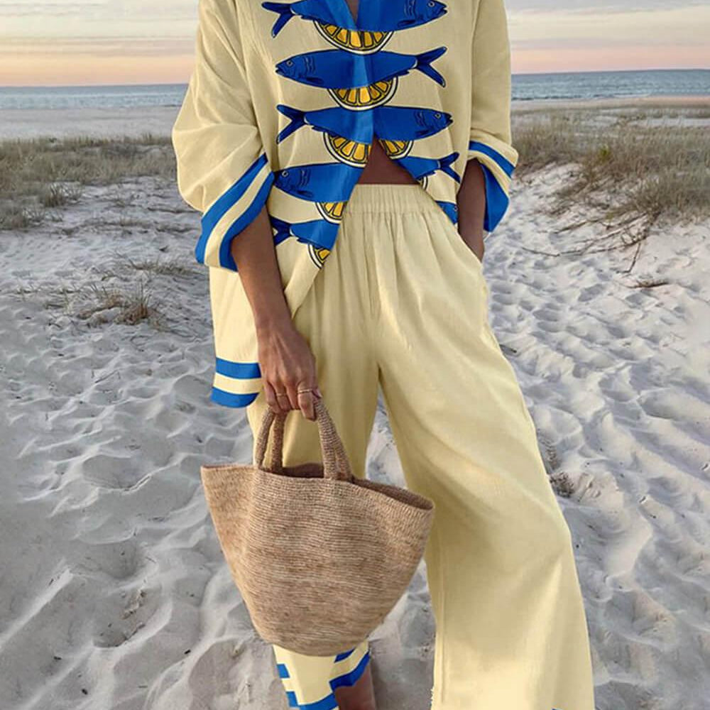 Ocean Print Oversized Shirt and Elastic Waist Pocket Pants Set