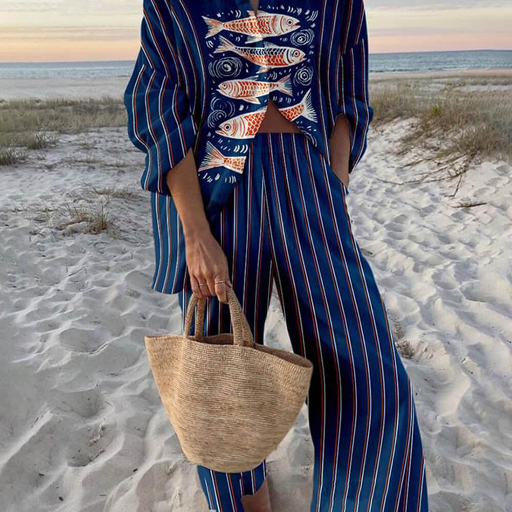 Ocean Print Oversized Shirt and Elastic Waist Pocket Pants Set