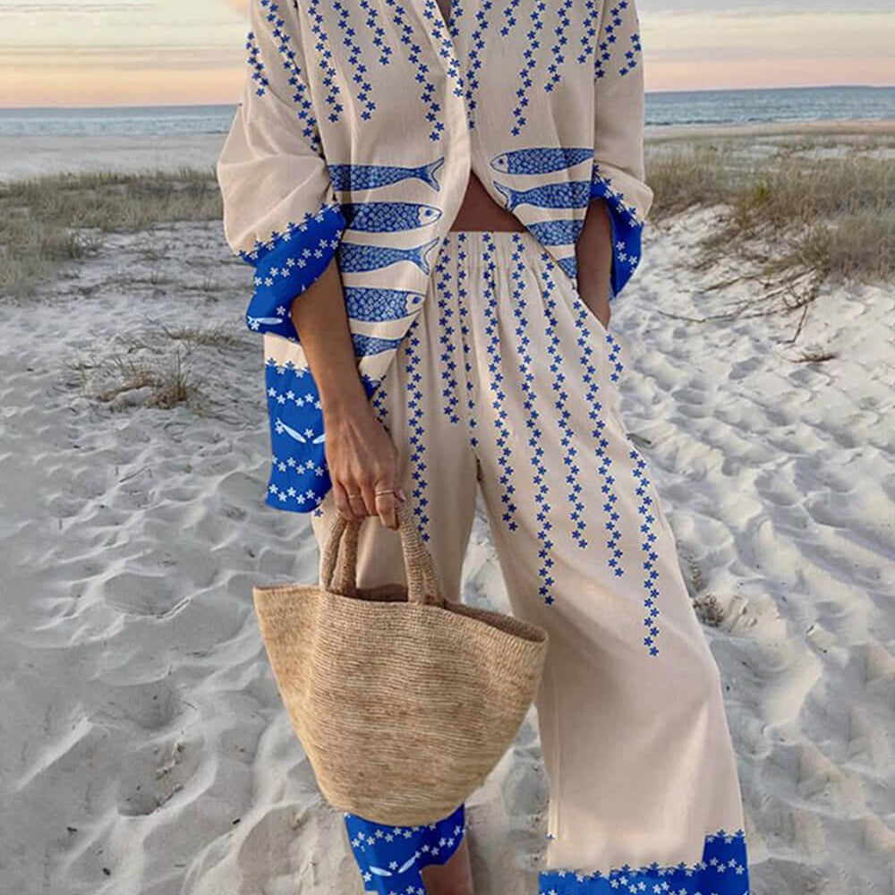 Ocean Print Oversized Shirt and Elastic Waist Pocket Pants Set