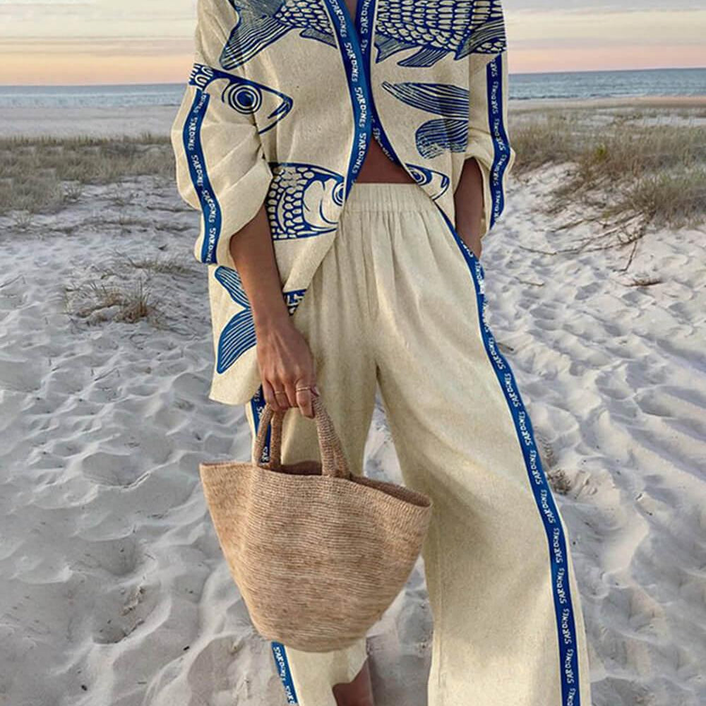 Ocean Print Oversized Shirt and Elastic Waist Pocket Pants Set