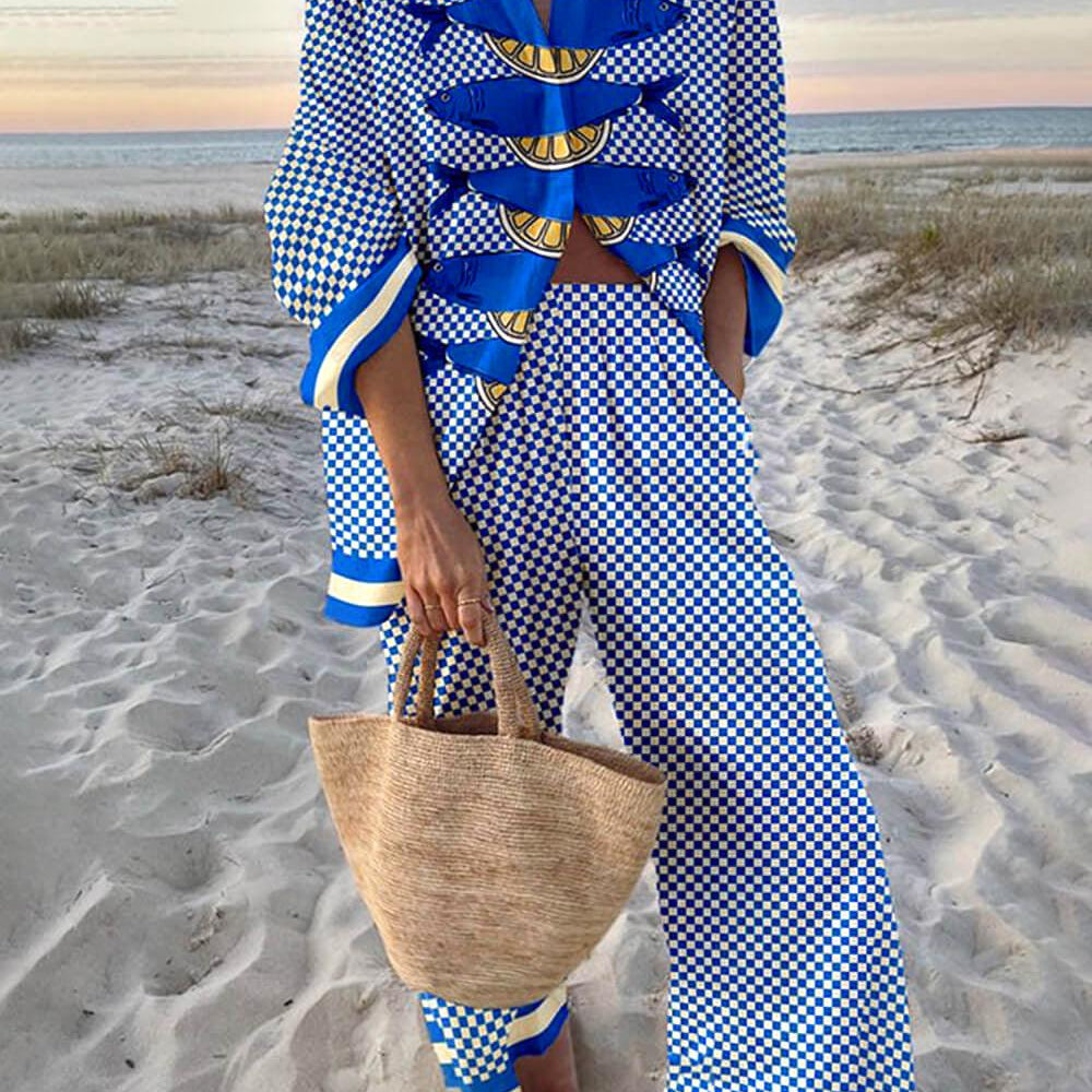 Ocean Print Oversized Shirt and Elastic Waist Pocket Pants Set