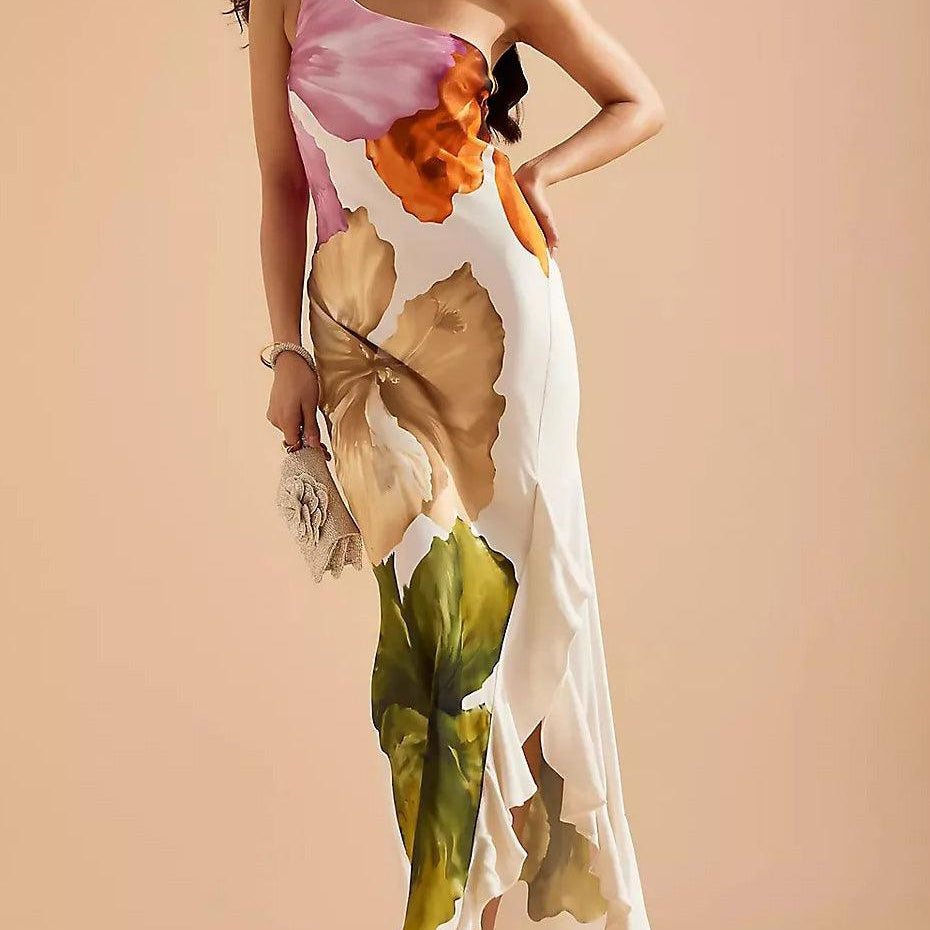 Elegant Exquisite Floral Print One-shoulder Maxi Dress