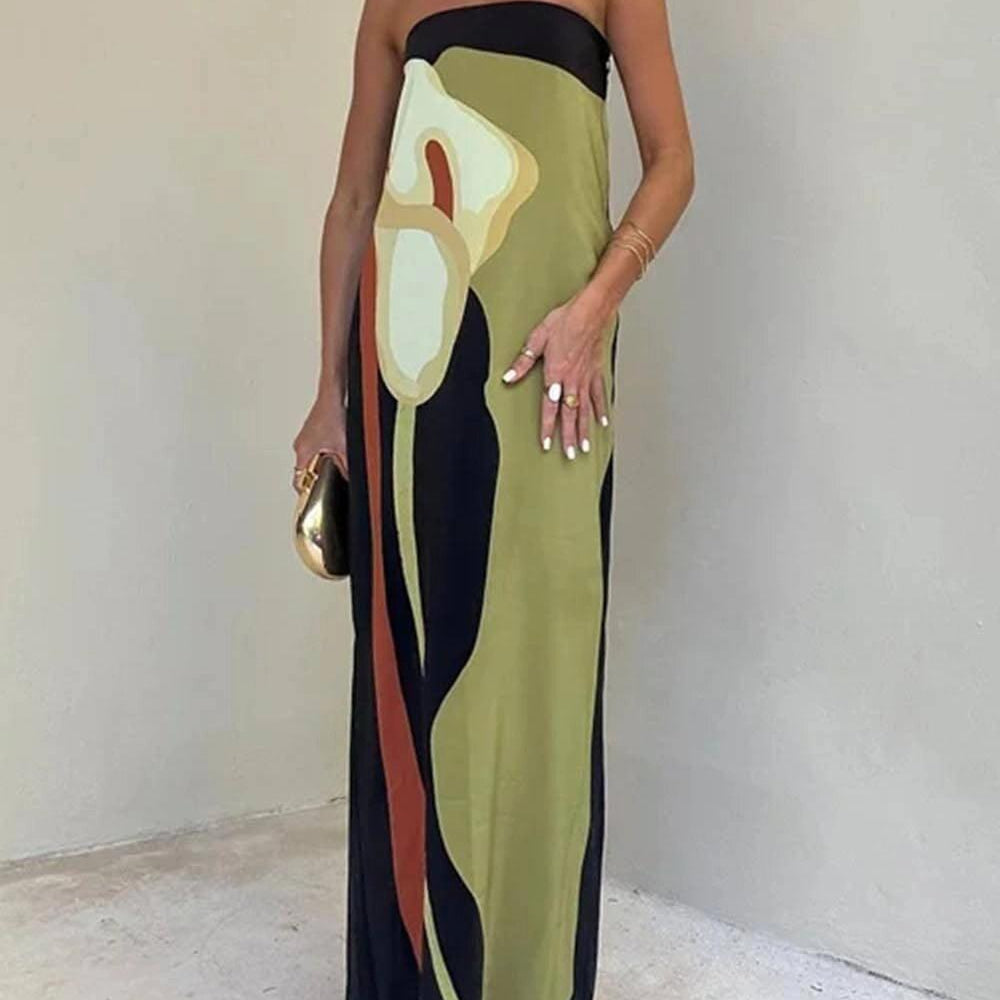 Strapless Color Block Printed Maxi Party Dress