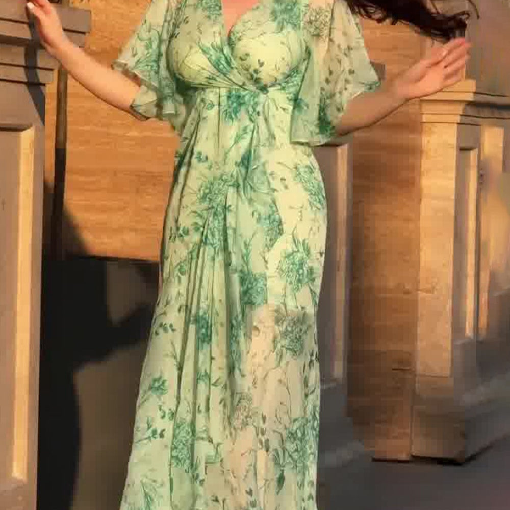 Retro V-neck trumpet sleeve printed dress