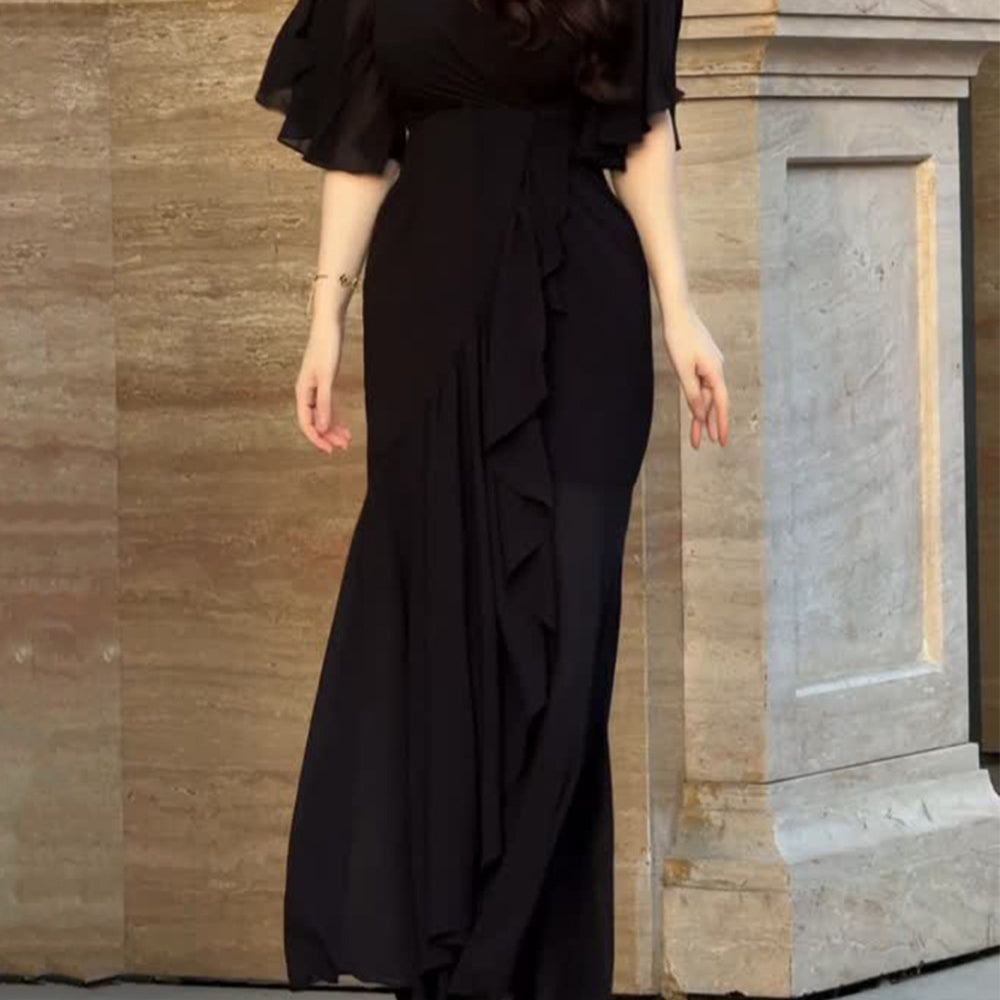 Retro V-neck trumpet sleeve printed dress