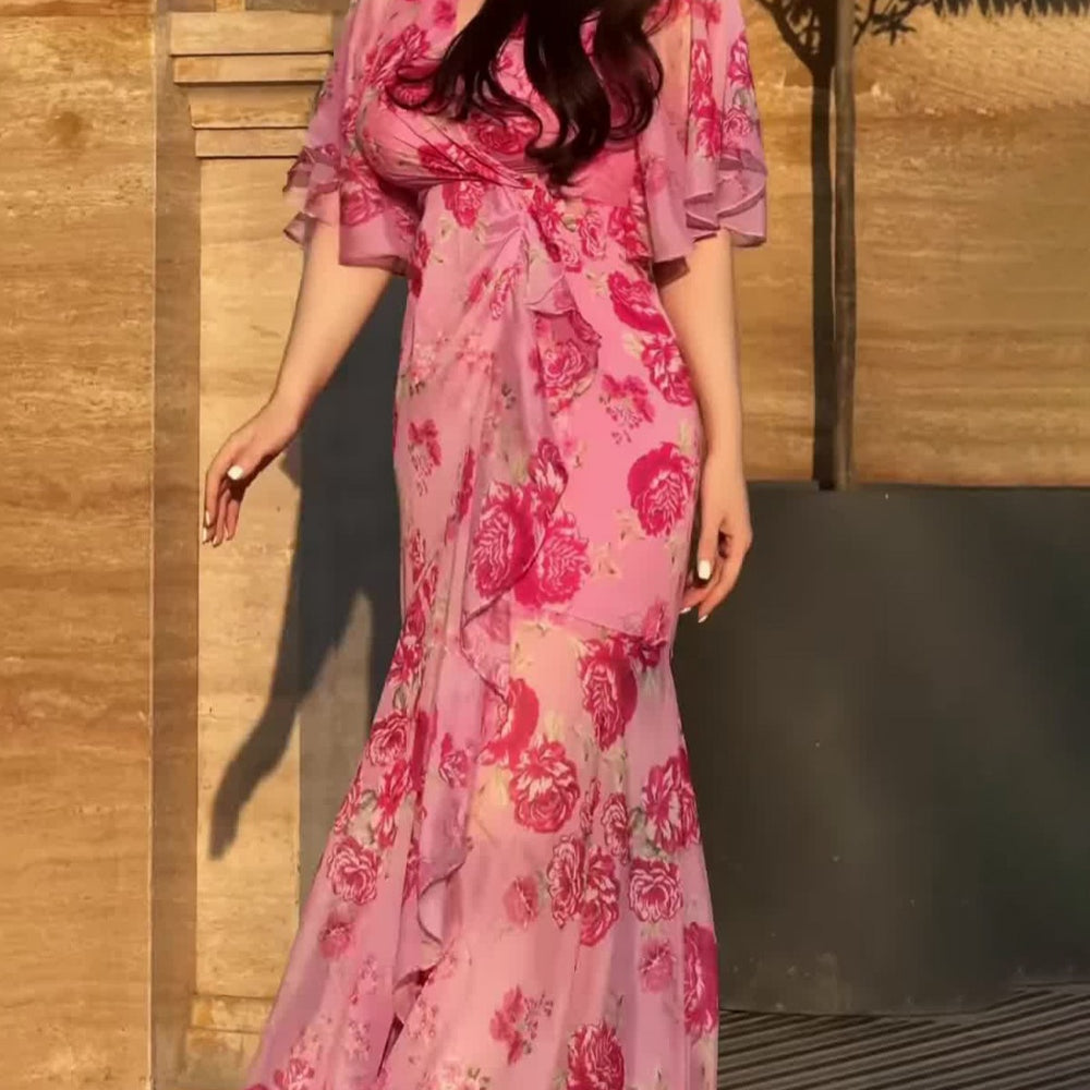 Retro V-neck trumpet sleeve printed dress