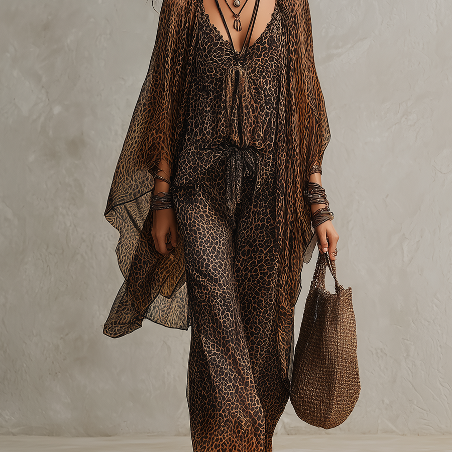 Bohemian Gradient Leopard Print Flowing Robe Three-piece Set