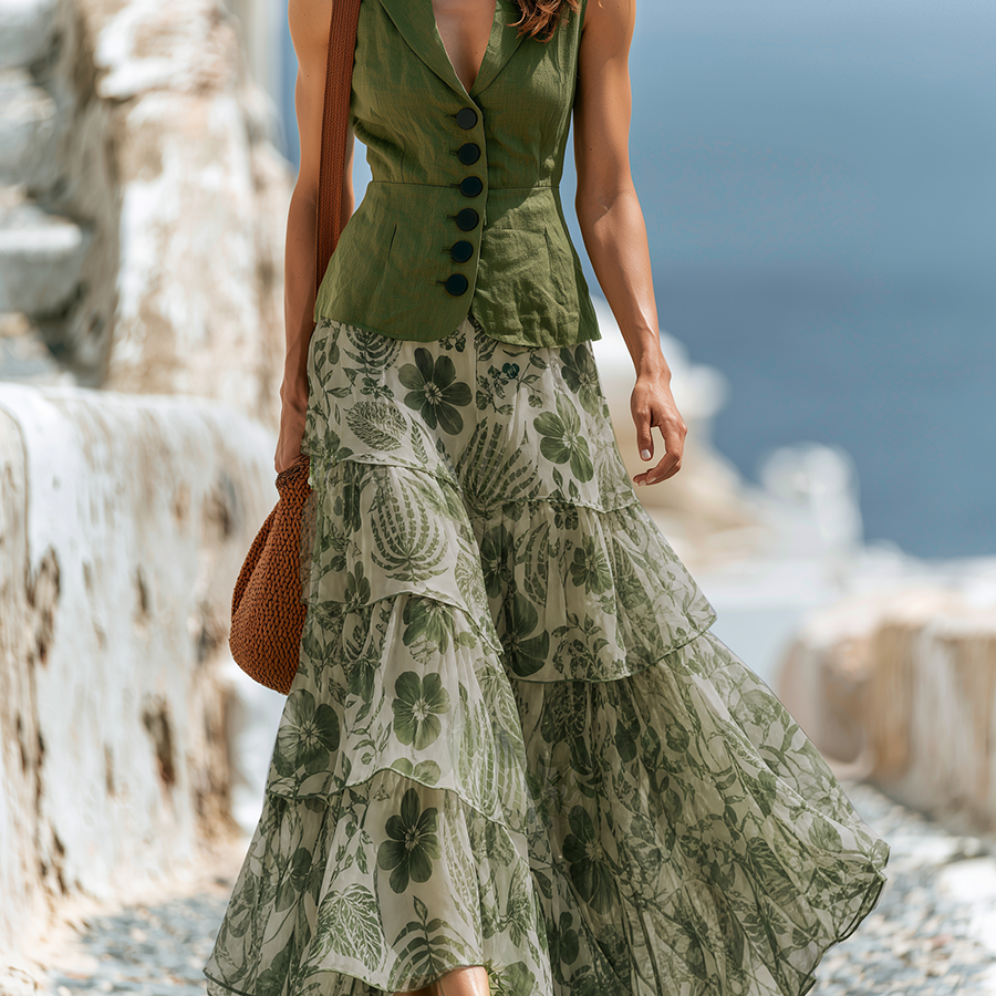 Olive Sleeveless Blazer Vest & Green Floral Boho Tiered Maxi Skirt Two Piece Set
