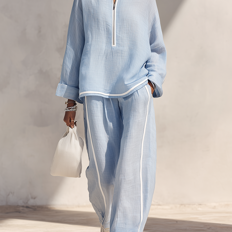 Women's Light‑Blue Linen Stand‑Collar Half‑Zip Oversized Top & Wide‑Leg Pants Set