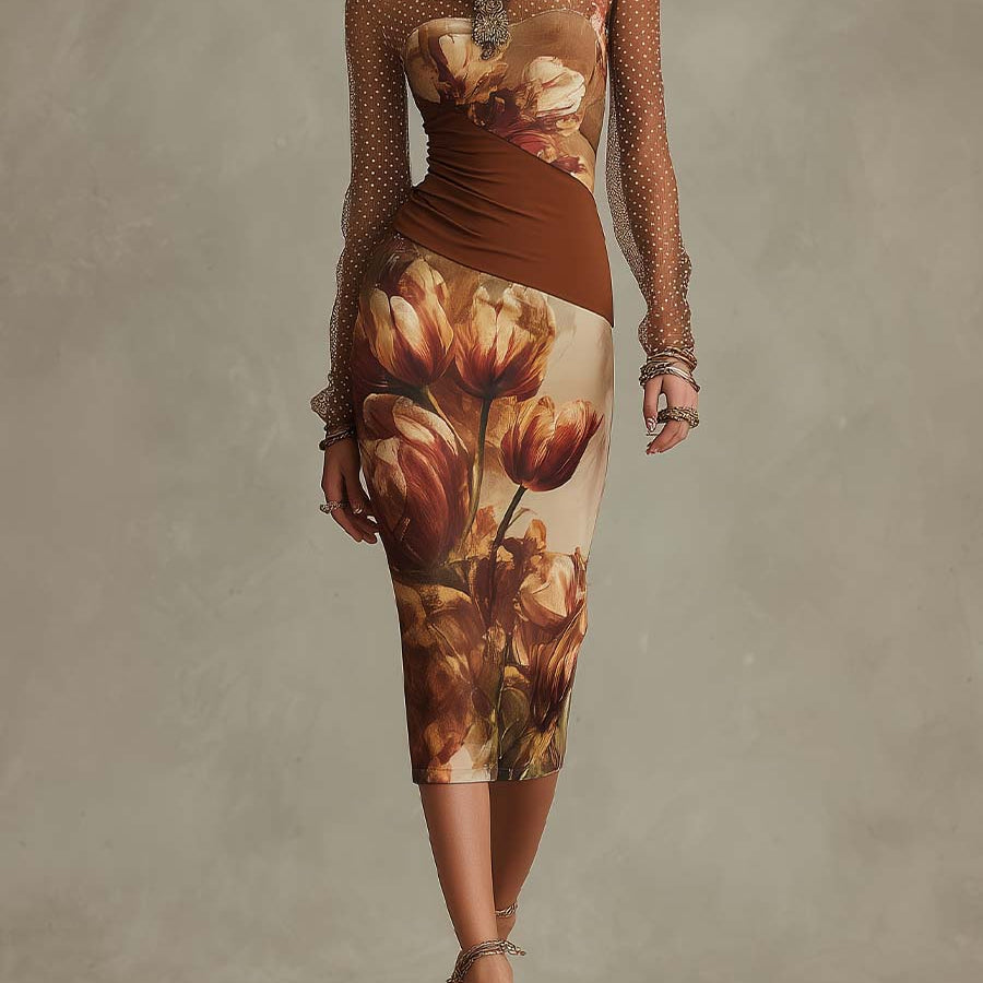 Vintage Tulip Floral Print Polka Dot Mesh Long Sleeve Ruched Waist Bodycon Midi Dress