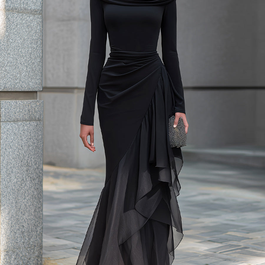 Black Draped Off Shoulder Cowl Neck Long Sleeve Chiffon Ruffle Mermaid Maxi Dress