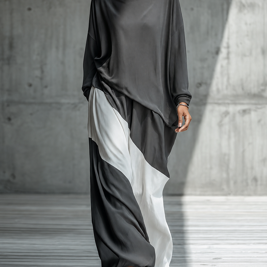 Dark Gray Oversized Boat Neck Long Sleeve Blouse & Diagonal Color Block Skirt Two-Piece Set