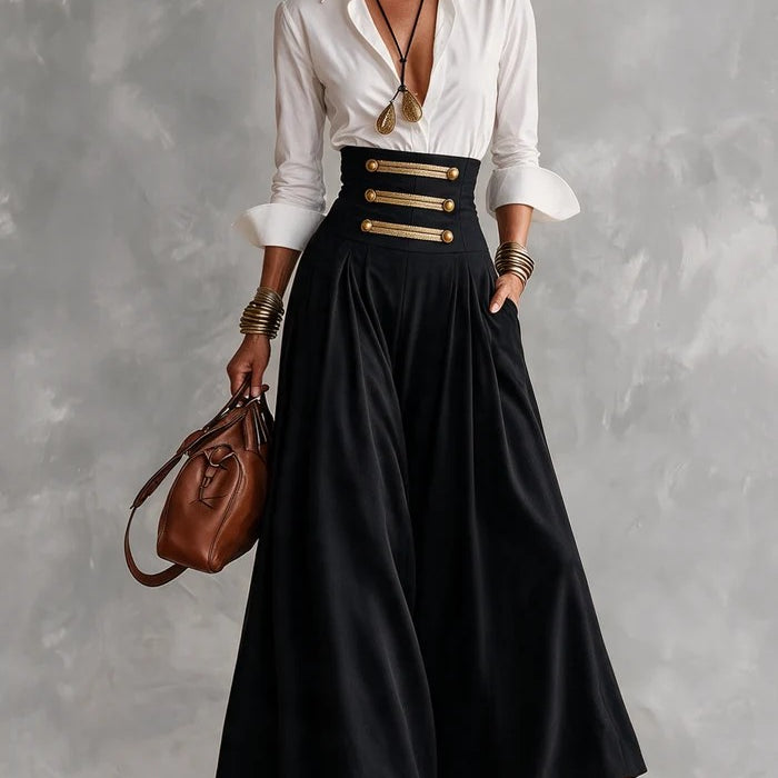 White Collar Shirt & High Waist Gold Button Skirt Two‑Piece Outfit