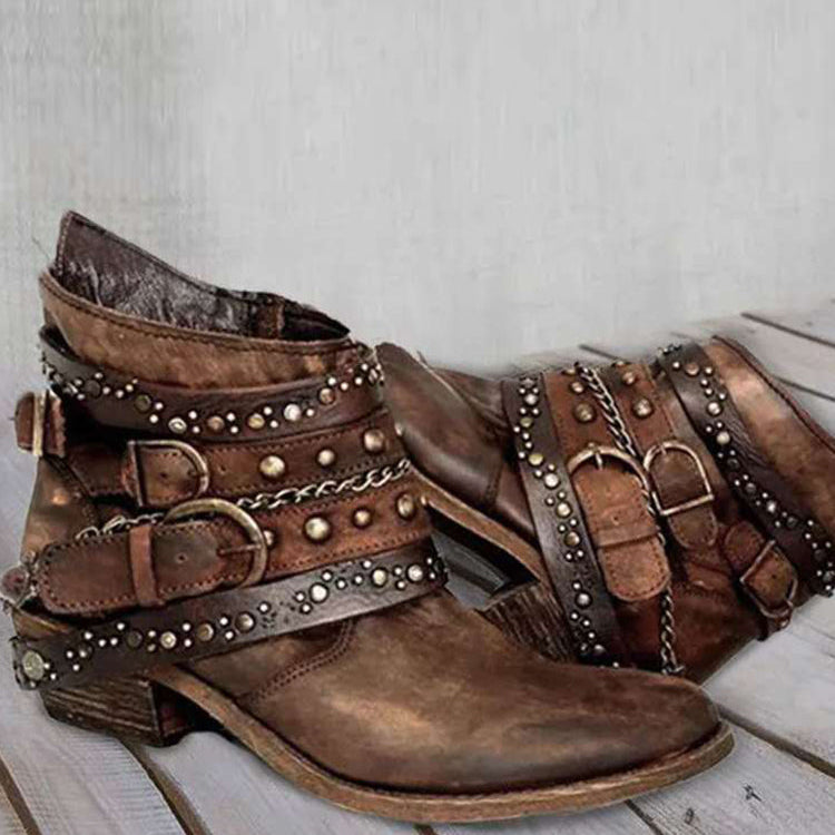 Vintage Washed Studded Buckles Ankle Boots